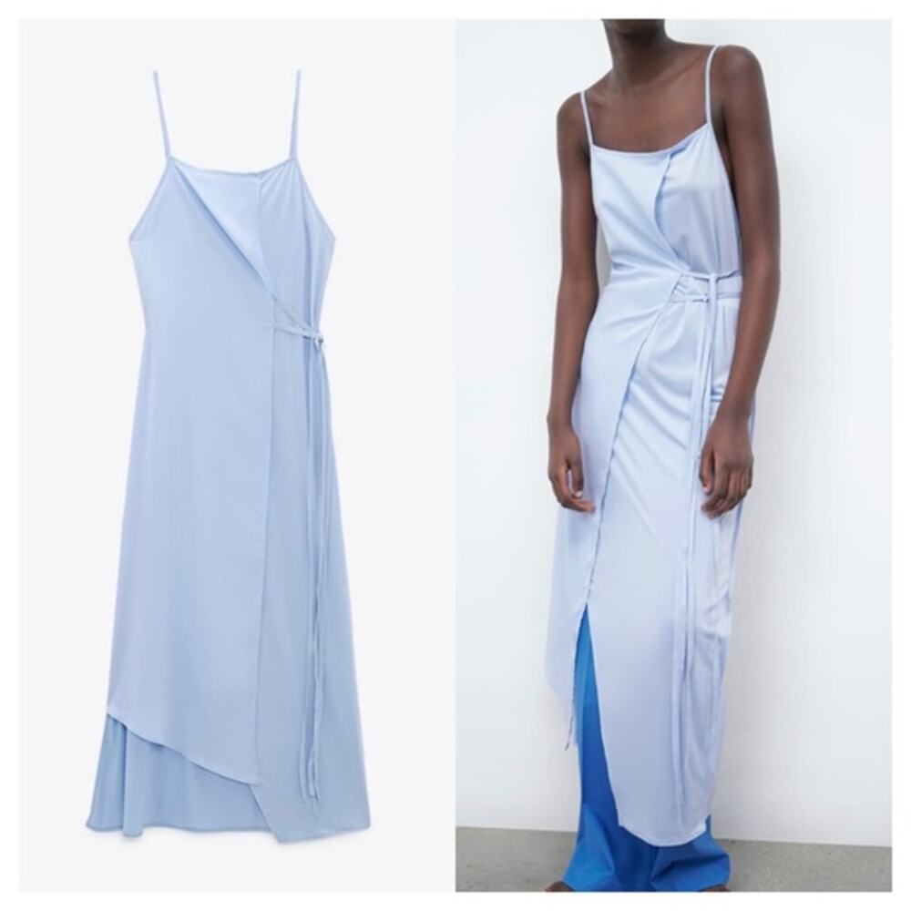 Zara Satin Wrap Effect Maxi Dress Powder Blue Size  Small NWT